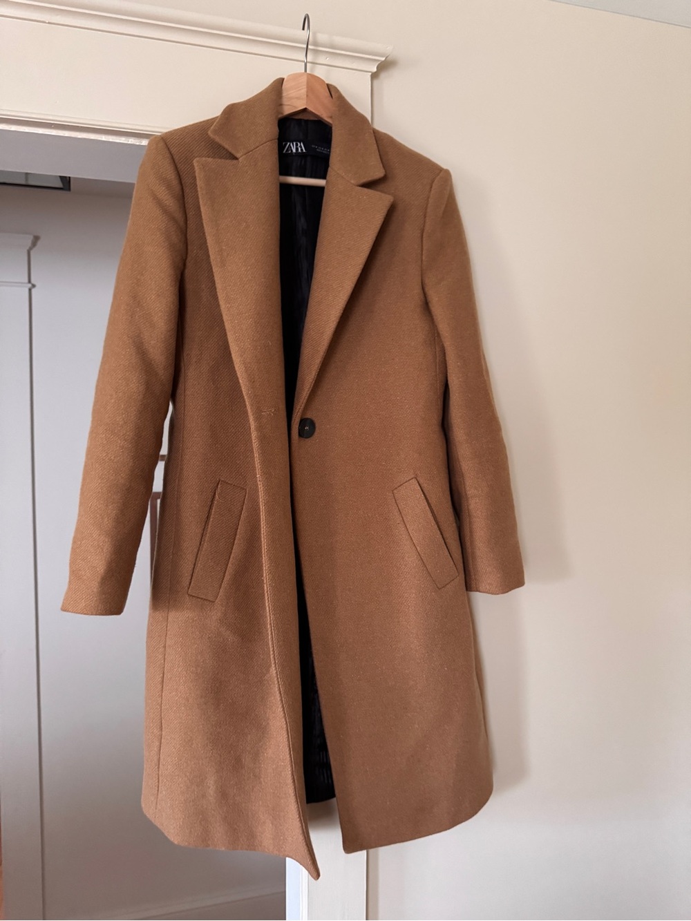 ZARA Camel Single-Button Wool-Blend Long Coat